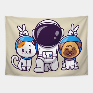 Cute Astronaut With Cat And Pug Dog Cartoon Tapestry