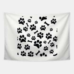 Black Puppy Paw Prints and Bones On White Pattern Tapestry