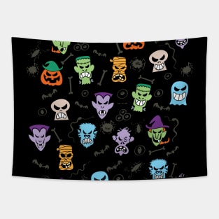 Halloween characters making funny faces in a cool pattern design Tapestry