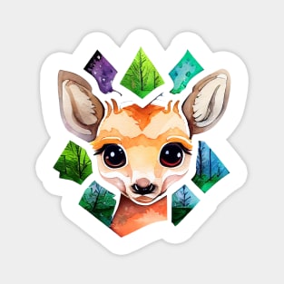 Cute Deer with Geometric Watercolor Forest Magnet