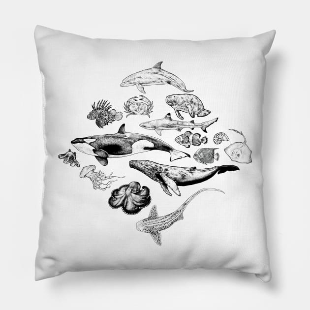 Marine Life in Ink Pillow by Elizabeth Weglein Art