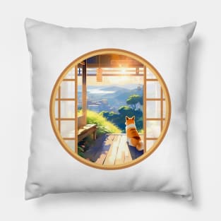 Serene Shiba Inu in Japanese Sunset Pillow