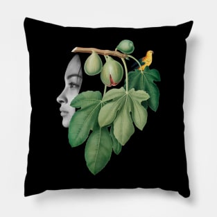 Surreal Collage Art with a girl, fig, bird and plants Pillow