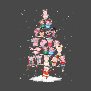 Winter Pig Tree Snow Merry Christmas. T-Shirt