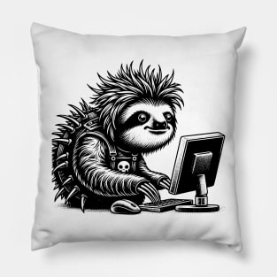 Punk Rock Goth Sloth on Computer Vintage Style Pillow