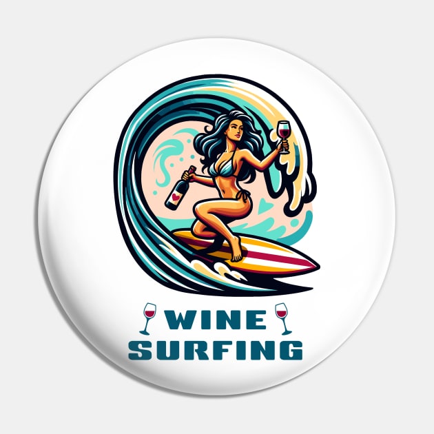 Wine Surfing funny t-shirt surfer woman in gorgeous bikini rides an ocean wave holding a wine bottle and a glass of wine Pin by Cat In Orbit ®