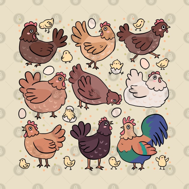 Cute chickens and chicks illustration by Yarafantasyart