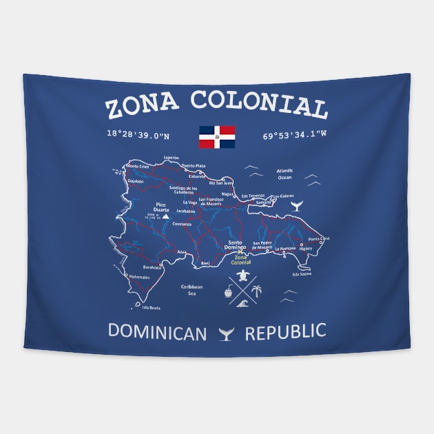 Zona Colonial Dominican Republic Flag Travel Map Coordinates GPS Tapestry by French Salsa