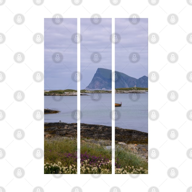 Wonderful landscapes in Norway. Nordland. Beautiful scenery of a boat and a lighthouse on the Sommaroya island. Sea, seagulls and mountain in the background (vertical) by fabbroni-art