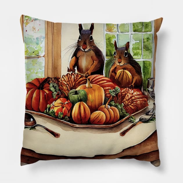 Squirrel Family Thanksgiving Dinner Pillow by fistikci