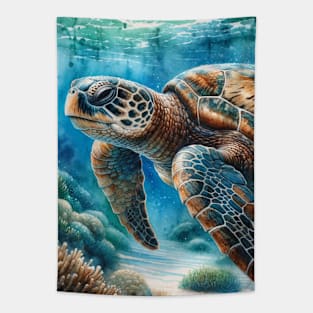 Ocean Wanderer: Majestic Loggerhead Sea Turtle Watercolor Tapestry