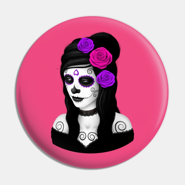 Day of the Dead Girl with Pink and Purple Roses Pin by jeffbartels