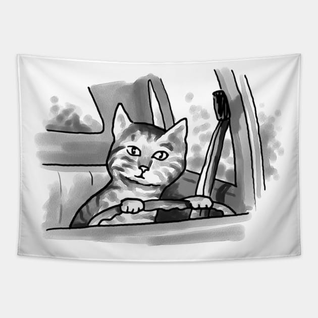 Cat Driving Tapestry by bobeckstein