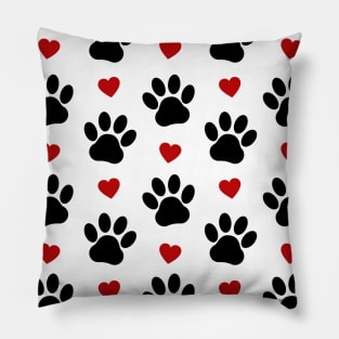 Pattern Of Paws, Dog Paws, Black Paws, Red Hearts Pillow