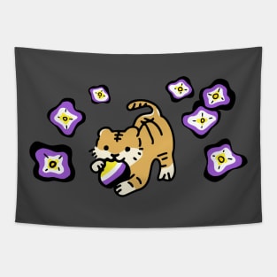 Non Binary Flag of Cute Flowers with Adorable Tiger Cub (LGBTQ+ Pride Month) Tapestry