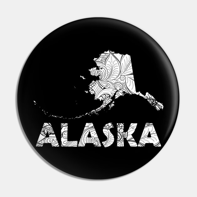 Mandala art map of Alaska with text in white Pin by Happy Citizen