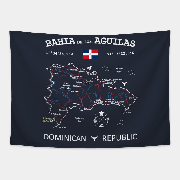 Bahía de las Águilas Dominican Republic Flag Travel Map Coordinates GPS Tapestry by French Salsa