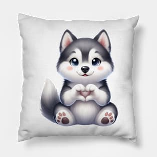 Valentine Siberian Husky Dog Giving Heart Hand Sign Pillow