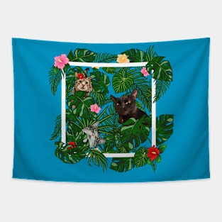 Tropical Jungle Cats and Kitties With Flowers Tapestry