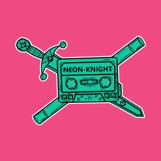 Neon Knight Cyan Cassette and Sword Crest T-Shirt