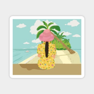 Lady with a yellow dress at the seaside Magnet