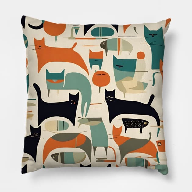 Mid Century Modern Scandinavian minimalist black cat pattern Pillow by Tina