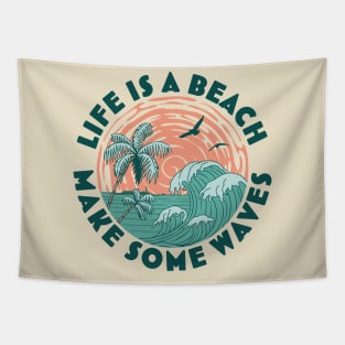 Life is a beach Make Some Waves -   Palm Trees Beach Retro Tapestry
