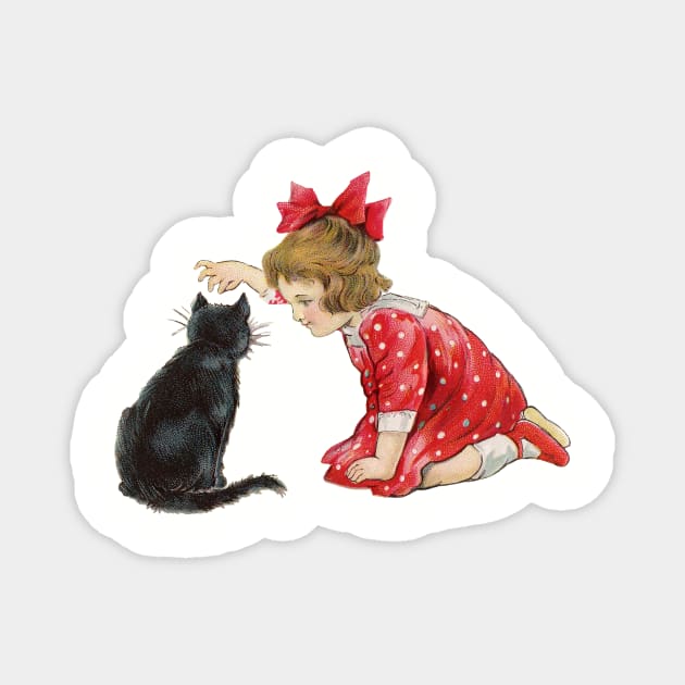 Little girl playing with black cat at Christmas Magnet by RedThorThreads