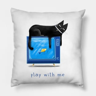 Cartoon black cat with a TV and a fish on the screen and the inscription "Play with me". Pillow