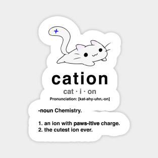 Cation. Cat with positive ion. Chemistry Pun. Magnet