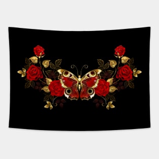 Symmetrical flower arrangement with red butterfly Tapestry