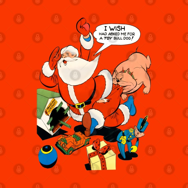 angry dog bites santa claus on merry christmas Retro Comic Vintage by REVISTANGO