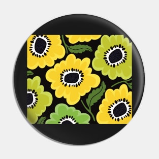 The fresh Sunny flowerpower pattern in 1970-style, green, black, yellow on dark background Pin