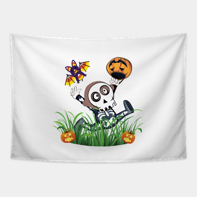 Cute Trick or Treat Bat Attack on Crazy Skeleton Child Tapestry by dcohea