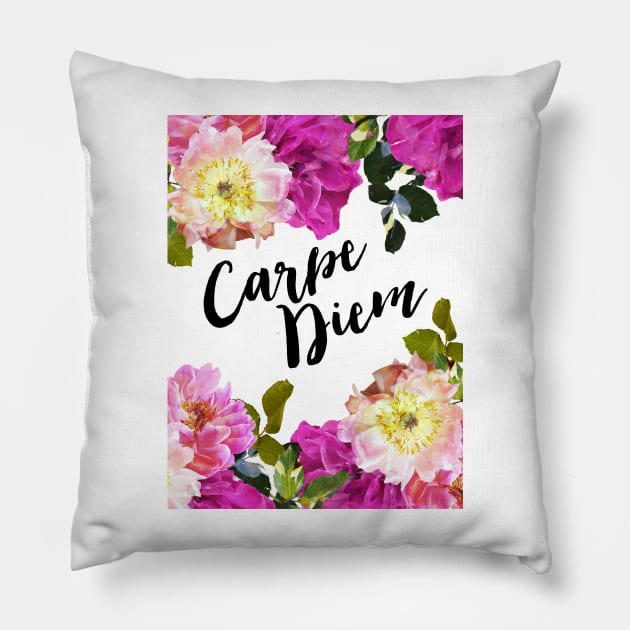 Carpe Diem Floral Pillow by AmyBrinkman