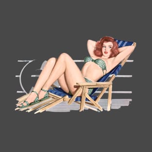 Sexy redhead pinup girl on deck chair T-Shirt