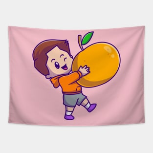 Cute Boy Holding Orange Cartoon Tapestry