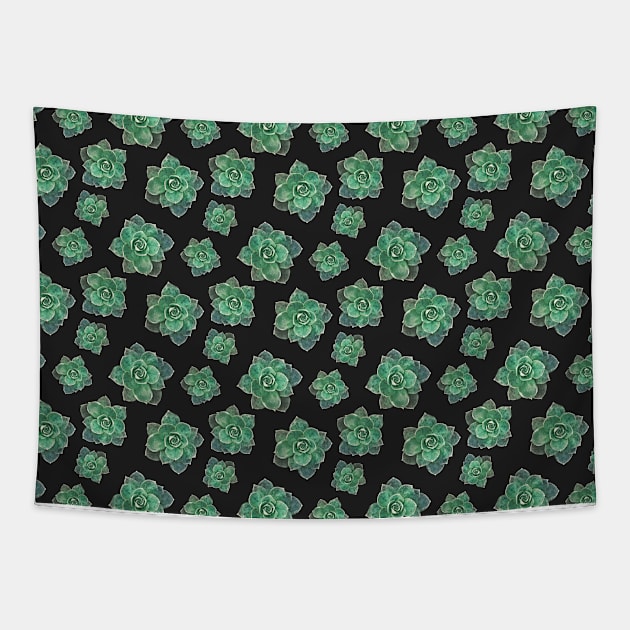Green succulent Black Background Pattern Tapestry by PadMode