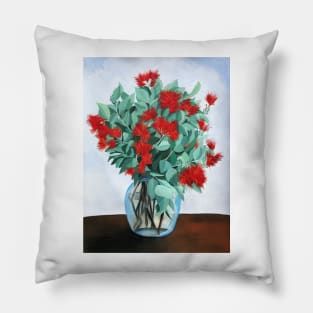 Red Native Flowers in Vase with Ice Blue Background Pillow