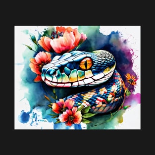 Snake head in the watercolor style  with flowers and vibrant hues. T-Shirt