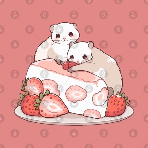 Two ferrets on a piece of a strawberry fluffy cake by etherElric