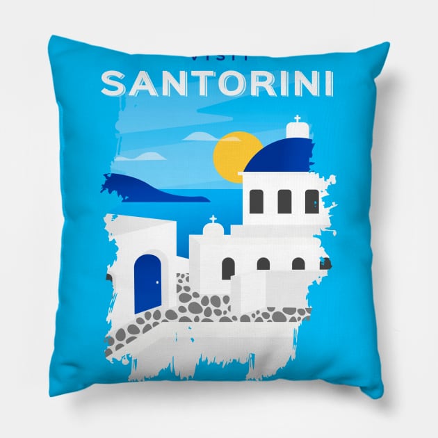 Santorini, Greece - retro travel poster Pillow by GreekTavern