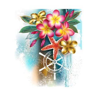 Plumeria flowers on blue background T-Shirt