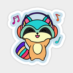 Happy smiling baby raccoon with headphones. Kawaii cartoon Magnet