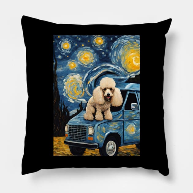 Vintage Cute Poodle Dog Breed in a Van Gogh Starry Night Art Style Pillow by Art-Jiyuu