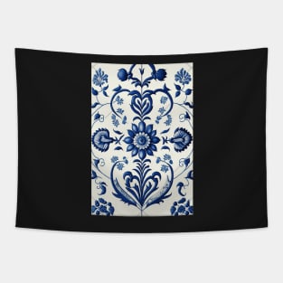 Floral Garden Botanical Print with Delft Blue and White Tapestry