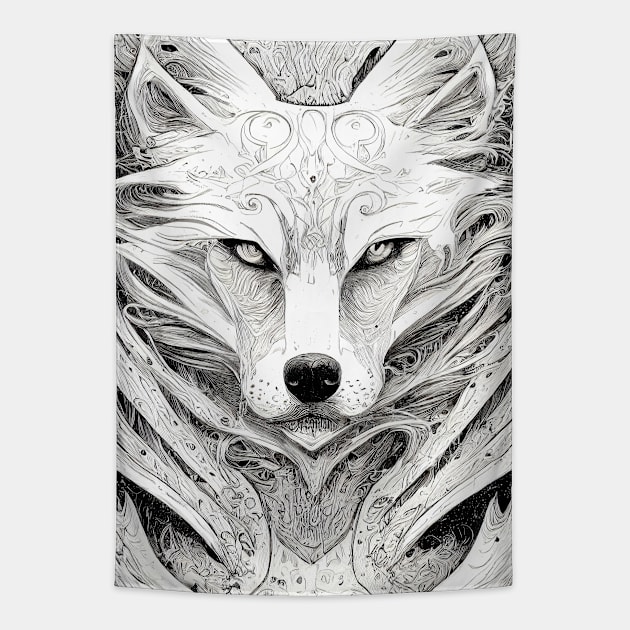 Wolf Animal Wild Nature Illustration Line Epic Illustration Line Art Tapestry by Cubebox