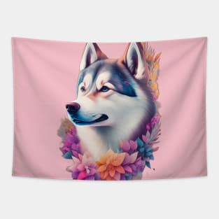 HUSKY DOG ROUNDED BY FLOWERS Tapestry