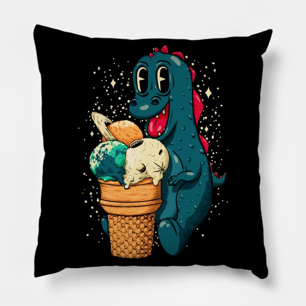 Treat Yo Self - Baby Dino Eating Triple Planet Scoop Ice Cream Cone Pillow by anycolordesigns