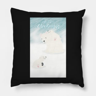 Merry Christmas with mama polarbear and her two cubs in the snowstorm Pillow